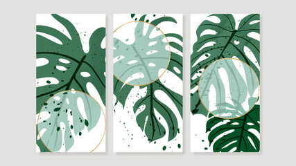 Tropical botanical triptych wall art vector. Abstract art background with palm leaves , Monstera leaf, Golden line drawing  and watercolor hand painting design for wall decor, poster and wallpaper.