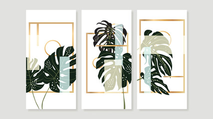 Fototapeta na wymiar Tropical botanical triptych wall art vector. Abstract art background with palm leaves , Monstera leaf, Golden line drawing and watercolor hand painting design for wall decor, poster and wallpaper.