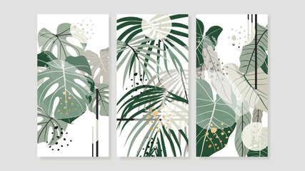Tropical botanical triptych wall art vector. Abstract art background with palm leaves , Monstera leaf, Golden line drawing  and watercolor hand painting design for wall decor, poster and wallpaper.