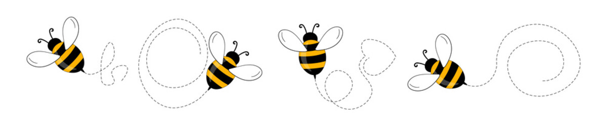Set of cartoon bee mascot. A small bees flying on a dotted route. Wasp collection. Vector characters. Incest icon. Template design for invitation, cards. Doodle style - obrazy, fototapety, plakaty