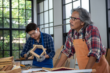 carpenters team work together creatively, creative carpenter trainer workshop with team partner, craftsman person in wood industry construction business concept