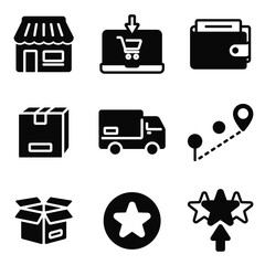 Shop, store, click shopping, collect order, payment, delivery services steps, receive order in pick up point, rating. E-commerce business concept. Simple icon vector design.