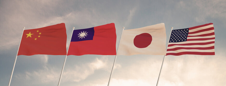 Flags Of China, Taiwan, Japan And USA Waving With Cloudy Blue Sky Background, 3D Redering United States Of America, Chinese Communist Party CCP.