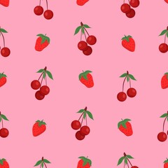 Cute cartoon strawberries and cherries. Seamless pattern for design of fabric, clothing, wallpaper, paper. Seamless isolated background.