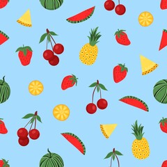 Cute cartoon fruits. Seamless pattern for design of fabric, clothing, wallpaper, paper. Seamless isolated background.