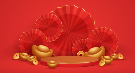 3D illustration Chinese New Year red and golden theme product display background with ingot, paper fan and podium.