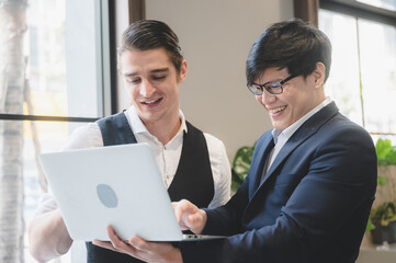 businessperson partner team, brainstorming and handshake with cooperation colleague partnership, contract deal project, executive discussion with client, teamwork of business manager