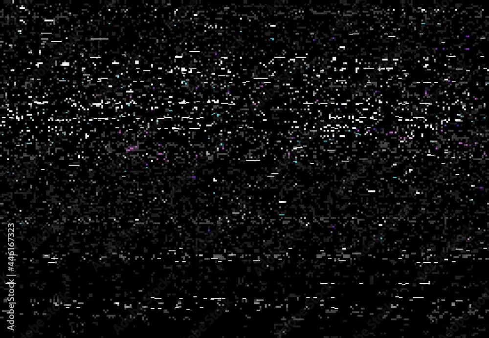 Poster Glitch VHS distortion screen vector background of video glitch effect with static noise. TV signal error, damaged videotape or VHS tape texture with random pixel noise, abstract backdrop design
