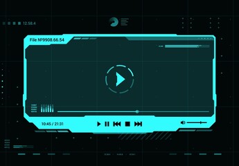 HUD video and sound player futuristic screen interface. Future multimedia system, Ui design element or virtual reality hologram window with media player vector neon blue frame, buttons and data info