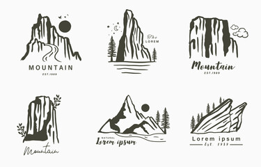 Obraz premium Black line natural scenery with mountain,river,sun,tree