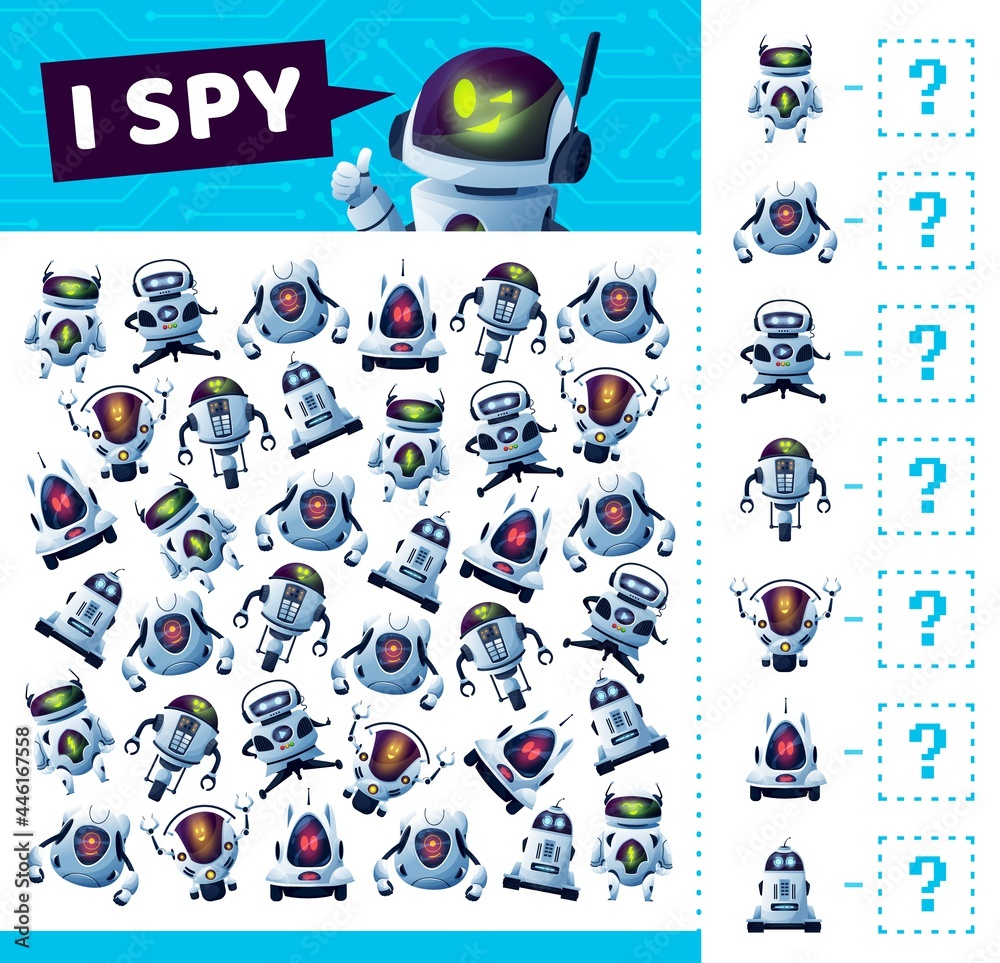 Poster I spy game with robots and droids or bots, vector cartoon find and match board game. Kids tabletop puzzle or guess game riddle, I spy or find similar futuristic robots and android bots