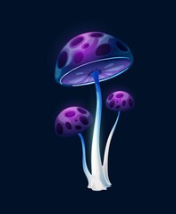 Fantasy magic long purple blue mushrooms. Vector alien forest game ui and gui element design. Fairy plant or fantastic fungus with glowing stems and caps with holes, fantasy magic mushroom - obrazy, fototapety, plakaty