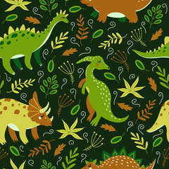Fototapeta na wymiar Cute cartoon dinosaurs seamless vector pattern. Jurassic animals in the jungle on a dark background. Hand-drawn Gigantosaurus. Colored doodle, flat style. Dino among the leaves and flowers.