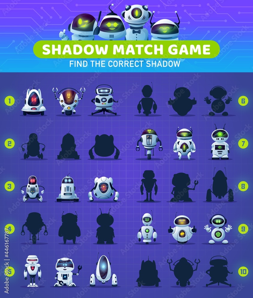 Aufkleber Shadow match kids game with cartoon robots and circuit board. Memory puzzle, educational riddle or maze, children worksheet vector template with modern artificial intelligence android bots