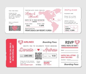 Boarding pass ticket, wedding invitation template to marriage RSVP, vector. Wedding ceremony gift of romantic travel flight ticket or boarding pass to honeymoon paradise - obrazy, fototapety, plakaty