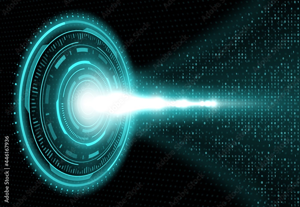 Leinwandbilder Data center, big data wave and cloud information storage technology concept. Digital communication, virtual reality and computer science. Vector background with neon circle and binary code digits