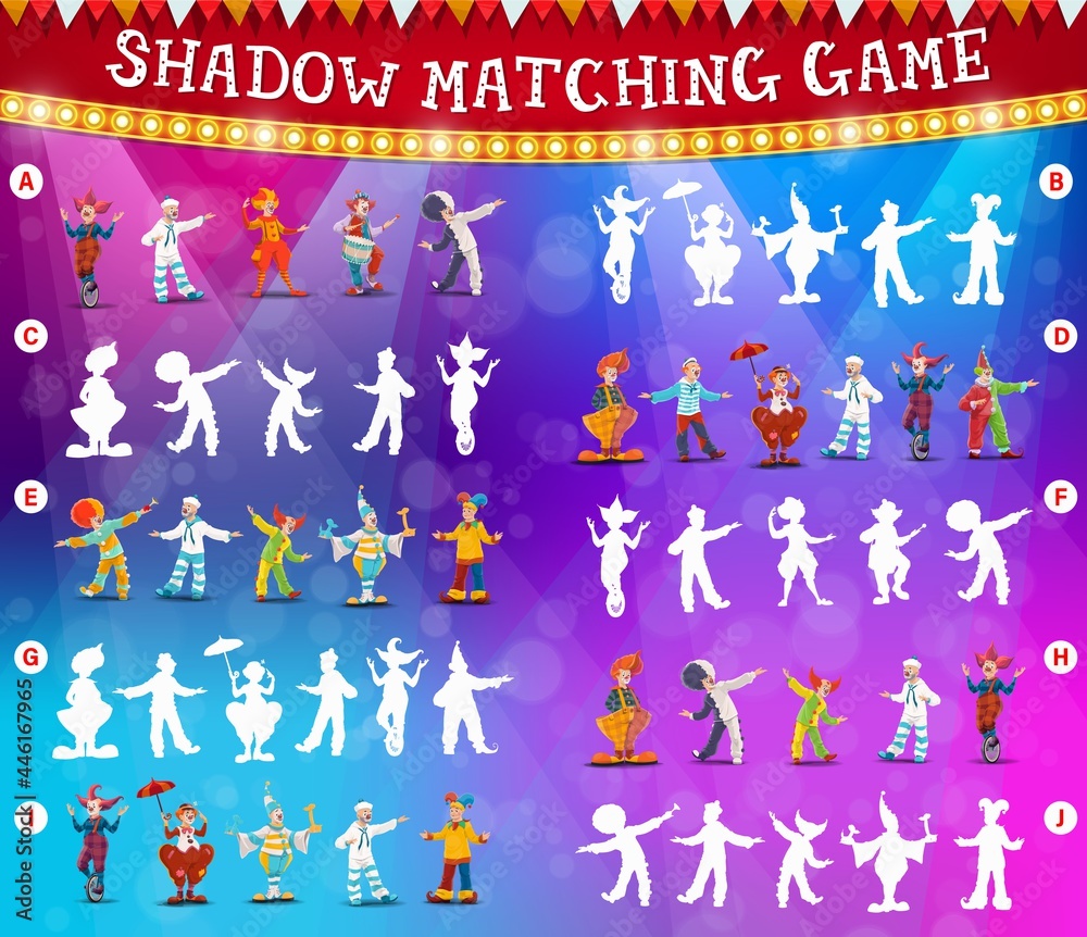 Poster circus clowns shadow matching vector game or puzzle. kids education memory game, riddle, maze or att