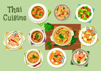 Thai cuisine seafood with vegetables, meat and noodle dishes. Vector soups and salads with shrimps, prawns, mussels and clams, squid and coconut milk, chilli peppers, mushrooms, oyster and fish sauce