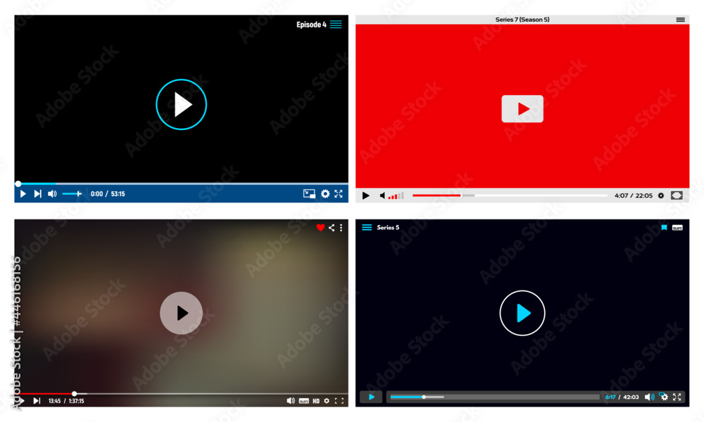 Poster Online video player interface frames. Website media file vector window with playback line, play and volume buttons, multimedia, live stream or broadcasting application UI design elements or skin