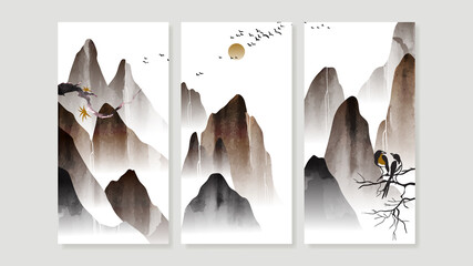 Mountain triptych wall art vector. Chinese or Japanese oriental Watercolor Floating Mountains background with gold line art. Design for home decor, Office art and wallpaper.