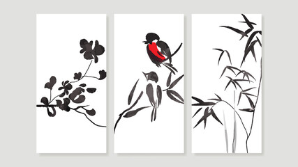 Chinese Canvas Art Print. Japanese Art. Triptych wall art vector. China Poster, Watercolor view design with couple birds and bamboo tree design for  Home Decor, Office Art and wallpaper.