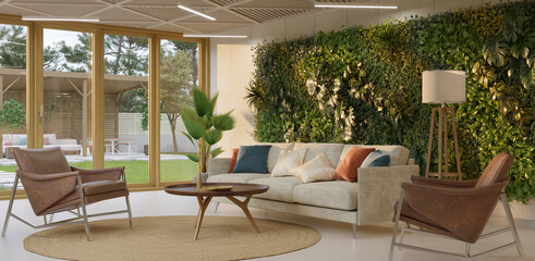Green wall in lving room interior. Vertical garden interior, 3d render 