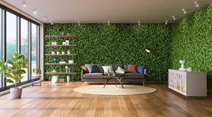 Living room with green walls. Eco-style in interior, vertical garden, 3d render 