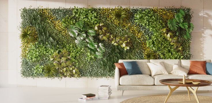 Living green wall in interior desing. Vertical garden interior, 3d render