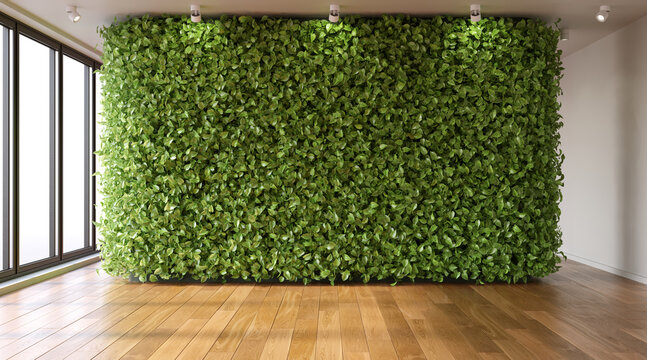 Green wall in empty room. Eco-style in interior, 3d render 