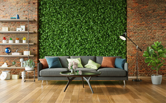 Cozy living room with green wall and modern furniture, 3d render
