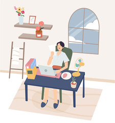 A woman in the hot summer is fanning her hands while working in her home office. flat design style minimal vector illustration.