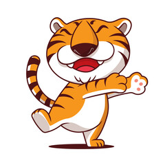 Cartoon cute tiger with smile showing hugging hand on empty space. Tiger character mascot