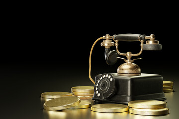 Vintage telephone set on top of stacked gold coins in a dark black background. The concept of business communication or the concept of business in telecommunication. 3D illustration rendering.