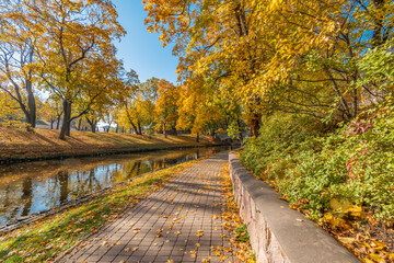 Fototapeta na wymiar Autumn in central public park of Riga - the capital and largest city of Latvia, a major commercial, cultural, historical and tourist center of the Baltic region 