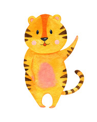 Tiger in watercolor, smiling and waving his paw. Children's illustration of New Year's tiger cubs, symbol of 2022.