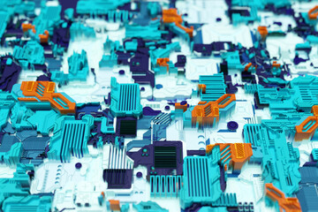 Detail of a futuristic  machine. 3D illustration of a futuristic wall made of various details . Cyberpunk background. Industrial wallpaper. Grunge details