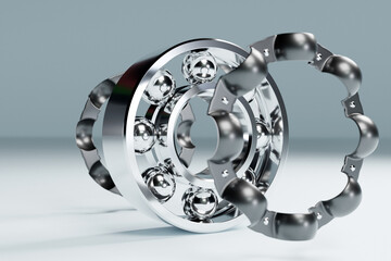 3D illustration metal silver  disassembled ball bearing with balls on white  isolated background. Bearing industrial. Part of the car - obrazy, fototapety, plakaty