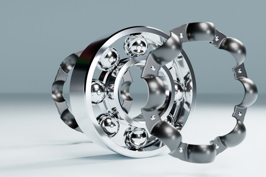 3D illustration metal silver  disassembled ball bearing with balls on white  isolated background. Bearing industrial. Part of the car