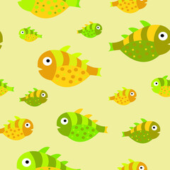 Seamless vector pattern with cute yellow and green decorative fish. Funny multicolor background, sea texture