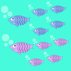 Cute sea fish happy family, with mother and father and children, sons and daughters swim in the sea, vector illustration.