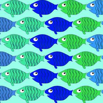 Seamless pattern with painted colorful fishes. Can be used for wallpaper, textiles, packaging, cards, covers. Small colorful fish on a blue  background.