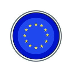 European Union (EU) 3 dimensional shiny blue flag with yellow stars in circle vector push button.