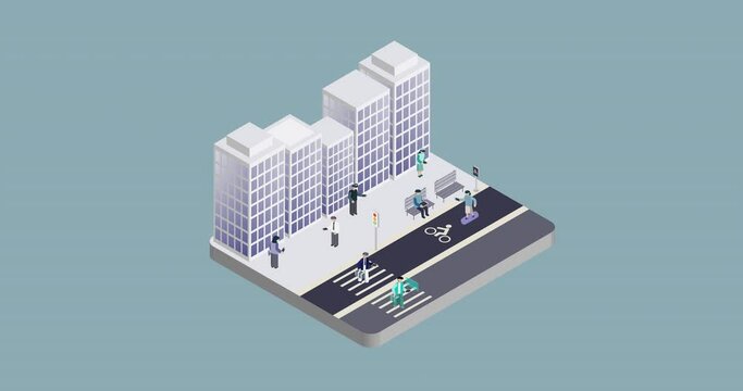 Trading crypro currency anywhere on the street. Isometric 3D animation concept.