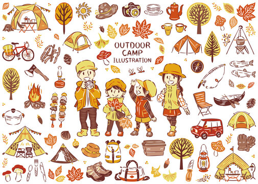 秋の紅葉狩り アウトドア レジャー キャンプ 家族 アイコン イラストセット 主線あり Stock Vector Adobe Stock