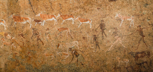 Panorama of famous prehistoric cave painting known as the White Lady of Brandberg dating back at least 2000 years and located at the foot of Brandberg Mountain in Damaraland, Namibia, Africa. - 446171780