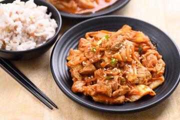 Korean food, Stir-fried kimchi cabbage with pork eating with cooked rice