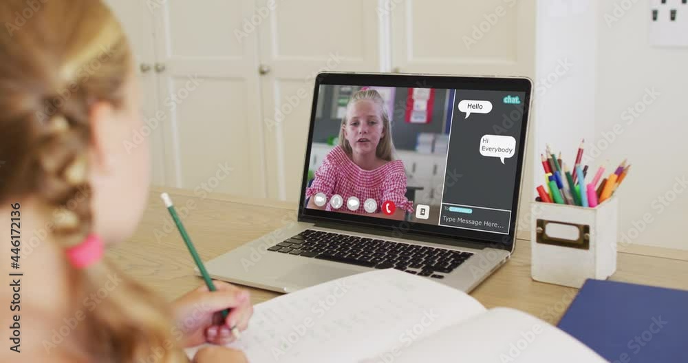 Poster Schoolgirl using laptop for online lesson at home, with her colleague and web chat on screen