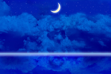 Fototapeta na wymiar 三日月と夜の水面に映る雲