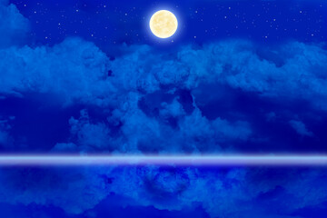 Fototapeta na wymiar 満月と夜の水面に映る雲
