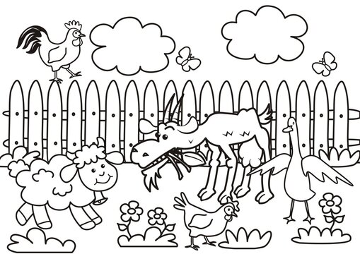 farm animals, coloring page, black and white vector icon